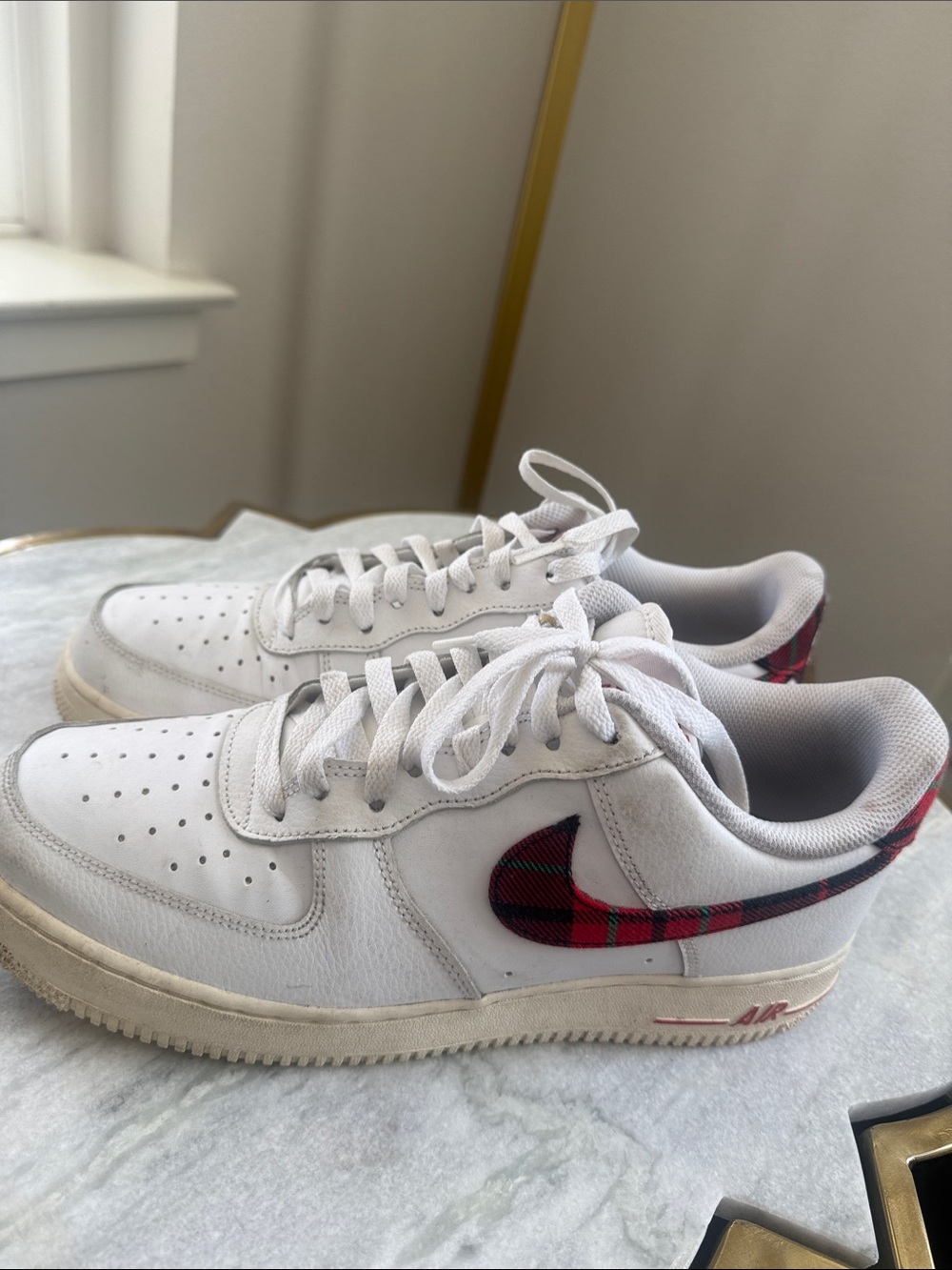 Air Force 1- Nike White Low-Top Sneakers with Red Plaid Swoosh